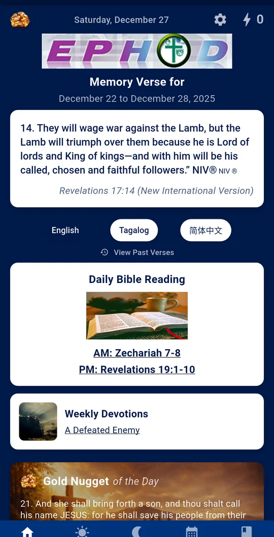 EPHOD PH home screen: the week's memory verse, today's readings, the devotion and the Gold Nugget