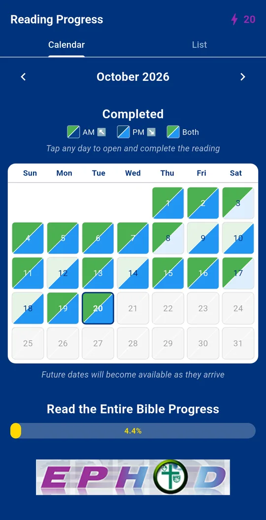 The Progress Tracker calendar with completed mornings and evenings marked
