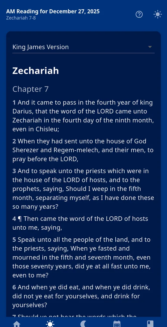 The morning reading, Zechariah 7–8, in the King James Version